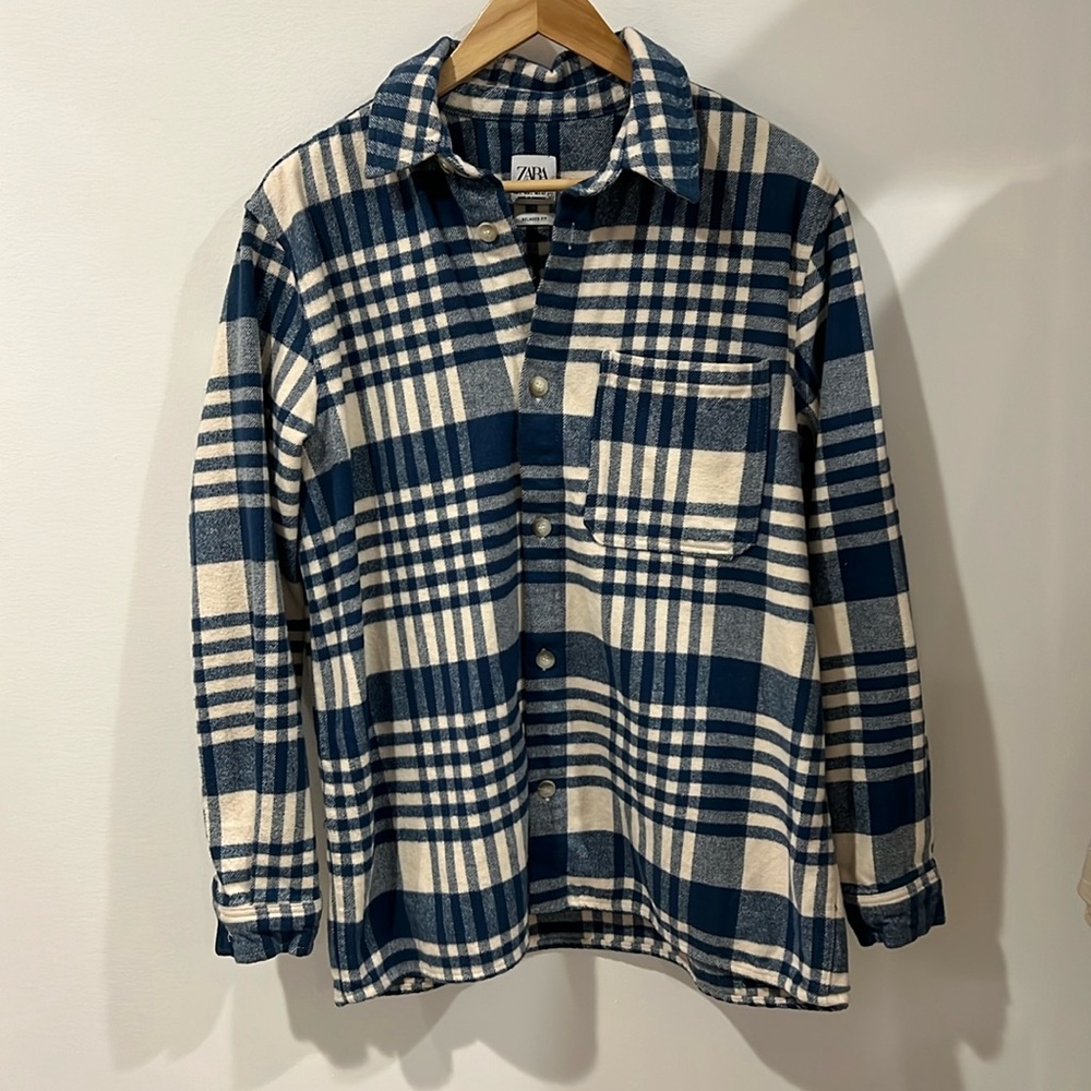 Zara blue and white plaid relaxed fit jacket size large